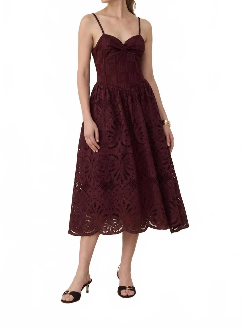 NEW MOON RIVER scallop lace skirt strapless midi dress in burgandy